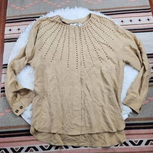 Vintage Tan Button Up Blouse Women's Large 100% Silk EPB Easy